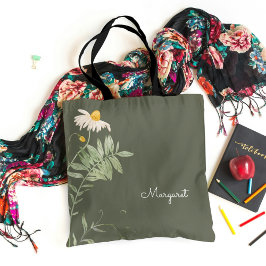 Bolso De Tela Sage Green Daisy Floral Minimal