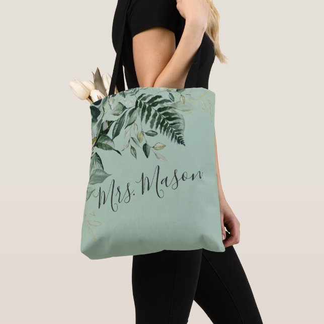 Bolso De Tela Sage Green follaje botánico novia personalizada (Detalle)