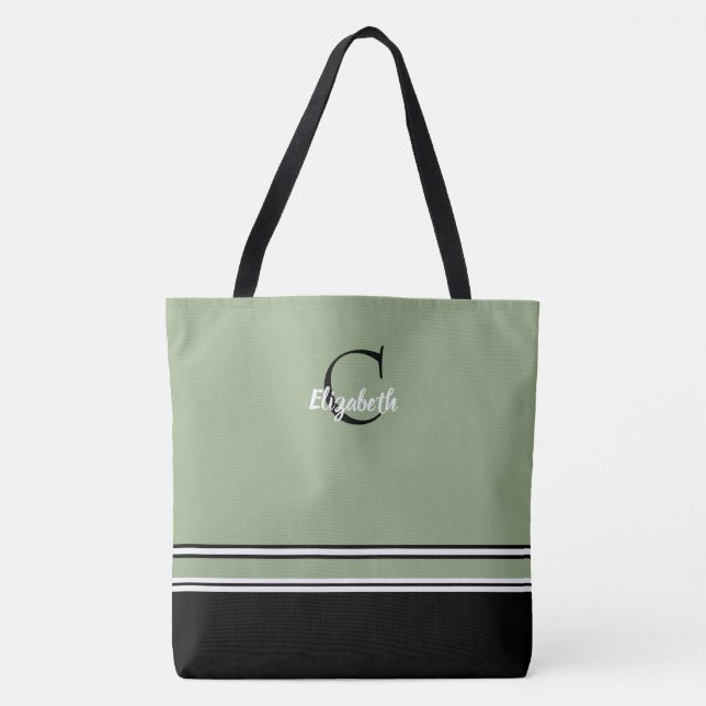 Bolso De Tela Sage Green Monogram Stripes Personalized  (Anverso)