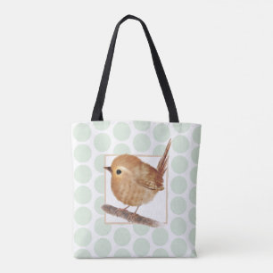 Bolso De Tela Sage Green Polkadot Puffy Wren Bird 