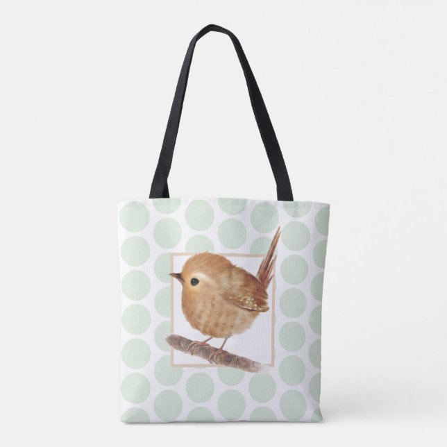 Bolso De Tela Sage Green Polkadot Puffy Wren Bird (Reverso)