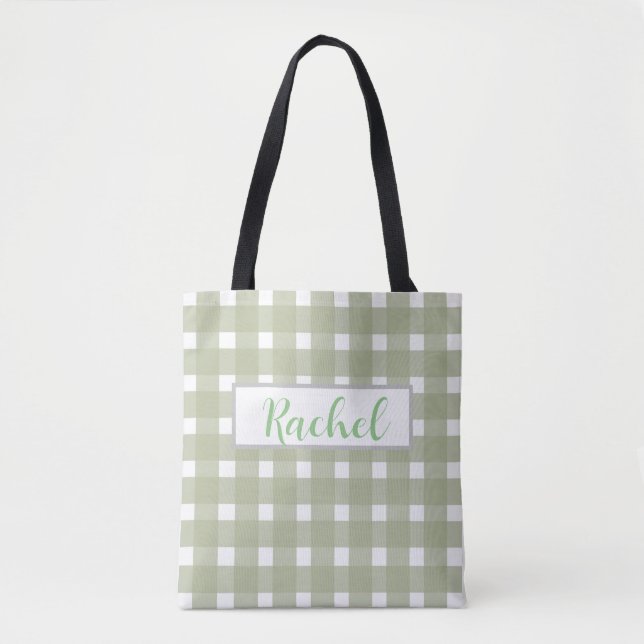 Bolso De Tela Sage Green White Gingham Personalizado (Anverso)