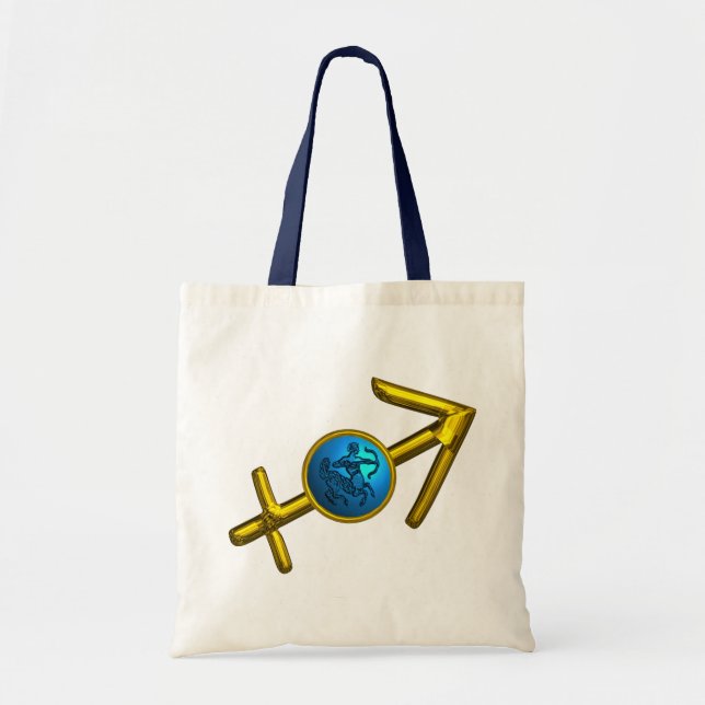 BOLSO DE TELA SAGITTARIO, RÓTULO DE CUMPLEAÑOS DE ZODIO AZUL ORO (Frente)