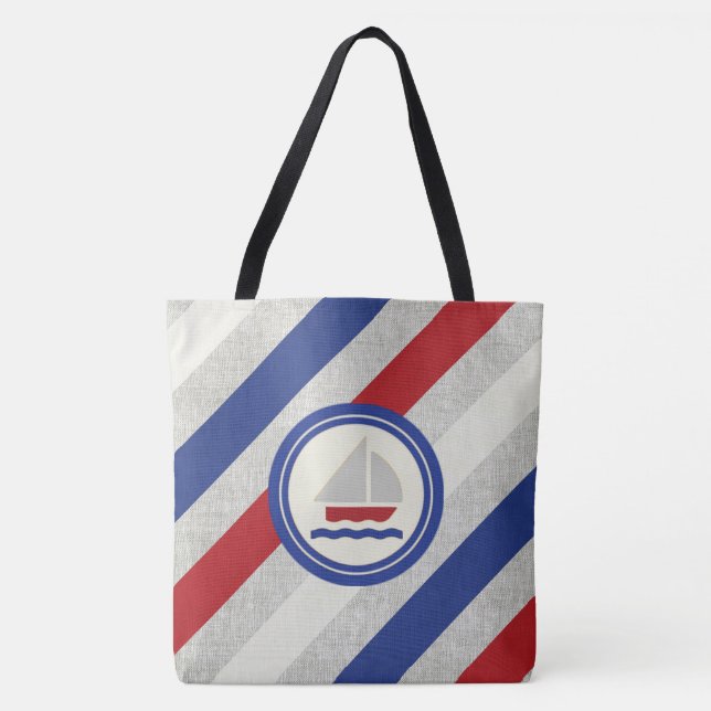 Bolso De Tela Sailboat on Classic Nautical Stripes Bag (Anverso)
