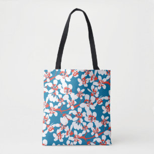 Bolso De Tela Sakura blanca, patrón de fondo azul clásico.