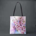 Bolso De Tela Sakura rosa sobre fondo de pintura<br><div class="desc">Dibujado artísticamente,  rama de rosa,  flores de cerezo sobre fondo pintoresco,  texturizado,  pintado con pintura blanca,  rosa y azul. Pink Sakura</div>