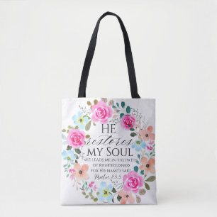 Bolso De Tela Salmo 23:3 - Restaura mi alma Biblia Floral Rosa