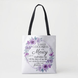 Bolso De Tela Salmo 23:6 Biblia Inspiradora versus morado floral