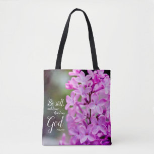 Bolso De Tela Salmo 46:10 Flores Lilac Púrpura