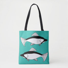 Bolso De Tela Salmón dibujado a mano por peces verde azulados