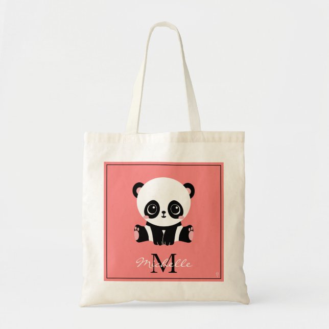Bolso De Tela Salmón personalizado monograma corto con panda (Frente)