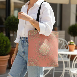 Bolso De Tela Salmón rosado y oro Filigree Mandala con diamantes