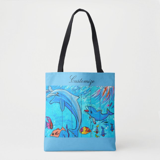 Bolso De Tela saltando de risa delfines diseñan azul (Anverso)