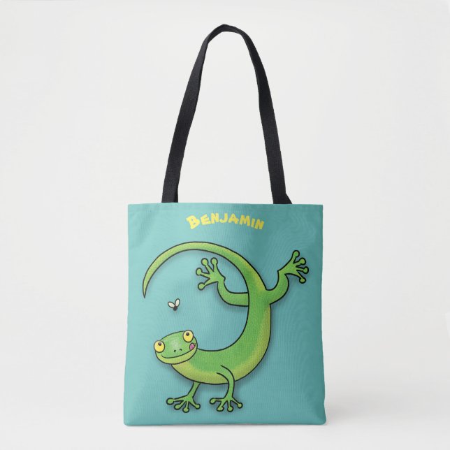 Bolso De Tela Saludos felices de gecko verde lindo con personali (Anverso)