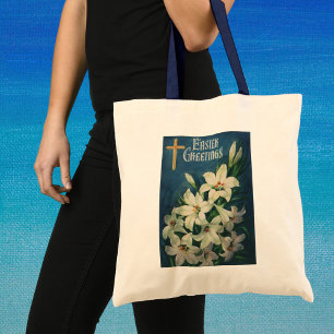 Bolso De Tela Saludos religiosos vintage de Pascua, flores de li