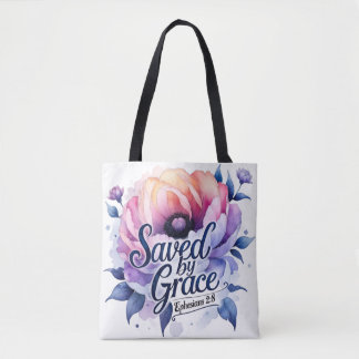 Bolso De Tela Salvado por la Gracia – Diseño Floral Cristiano El