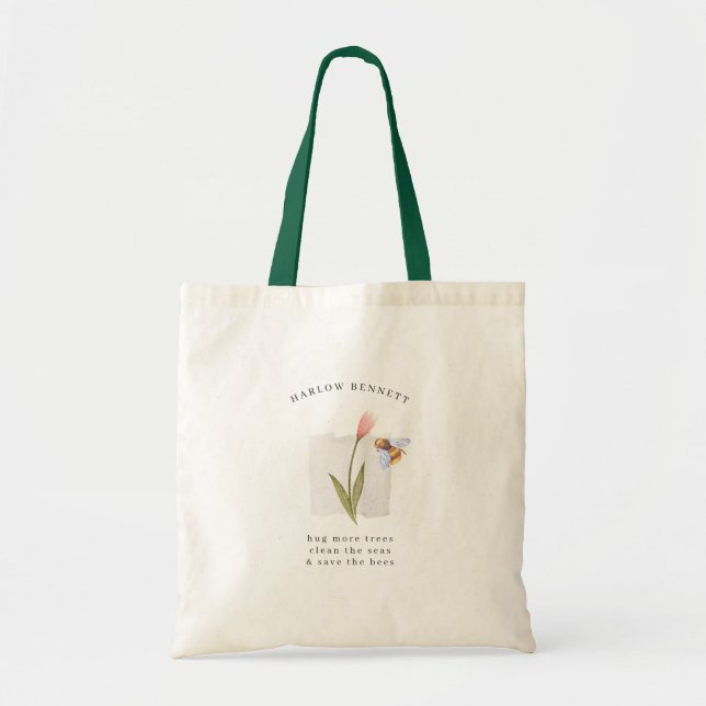 Bolso De Tela Salvar a las abejas | Monograma floral acuarela (Frente)