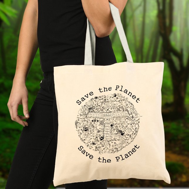 Bolso De Tela Salvar el arte de los animales y árboles en peligr (Save the planet animal earth line art tote bag)