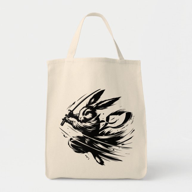 Bolso De Tela Samurai Bunny Black Ink Warrior Rabbit (Frente)