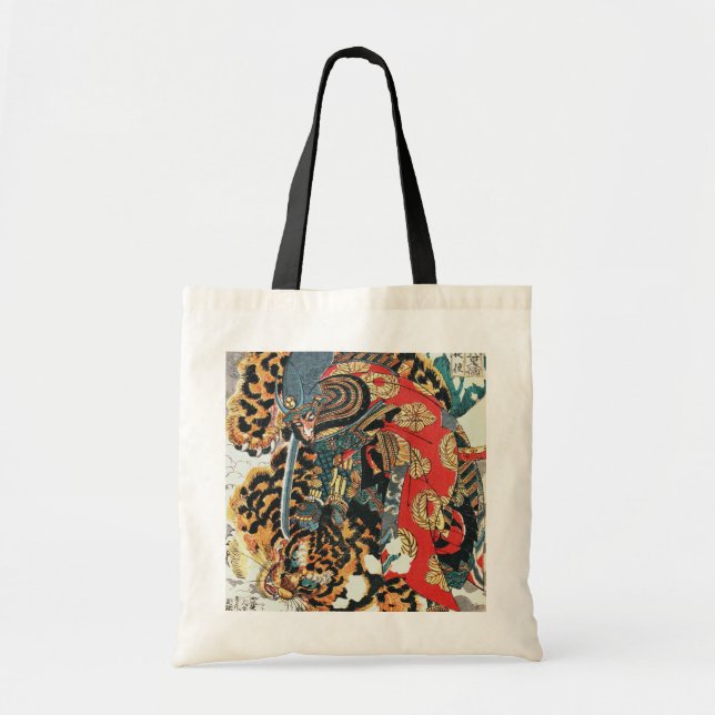 Bolso De Tela Samurai lucha contra un tigre, Kuniyoshi, Ukiyo-e (Frente)