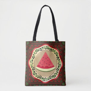 Bolso De Tela sandía en plato de oliva con tatreez palestino