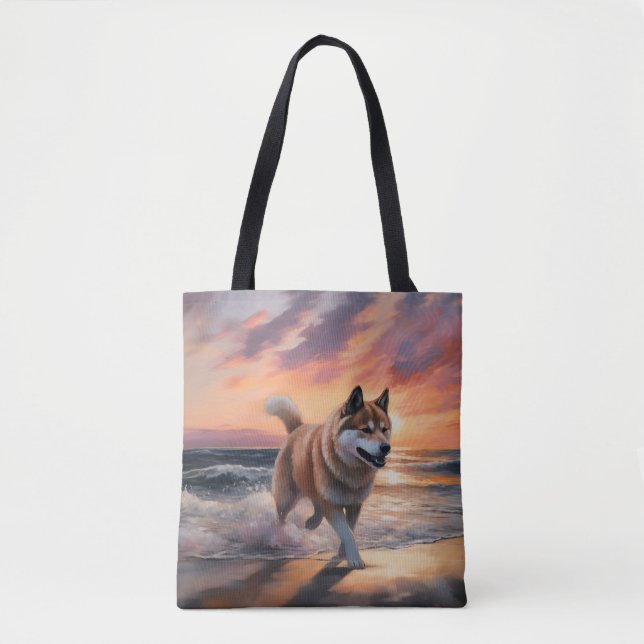 Bolso De Tela Sandy Paws Akita Dog en Beach Sunset (Anverso)