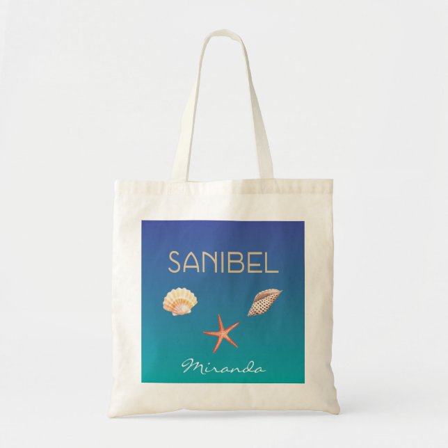 Bolso De Tela Sanibel con los seashells y nombre de encargo (Frente)