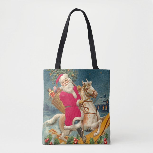 Bolso De Tela Santa Claus on a wooden horse (Anverso)