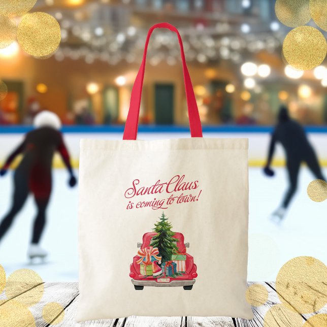 Bolso De Tela Santa Claus Viene Al Camión Rojo (Santa Claus Is Coming To Town Red Truck Tote Bag)