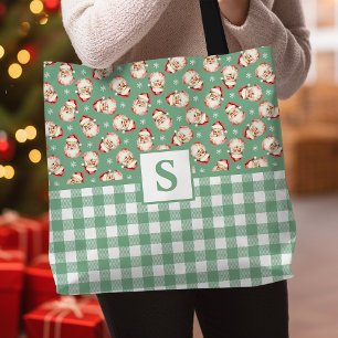 Bolso De Tela Santa Claus Vintage de Cuadros Verdes Monogramado 