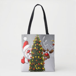 Bolso De Tela Santa claus y reno detrás de un árbol de navidad.j