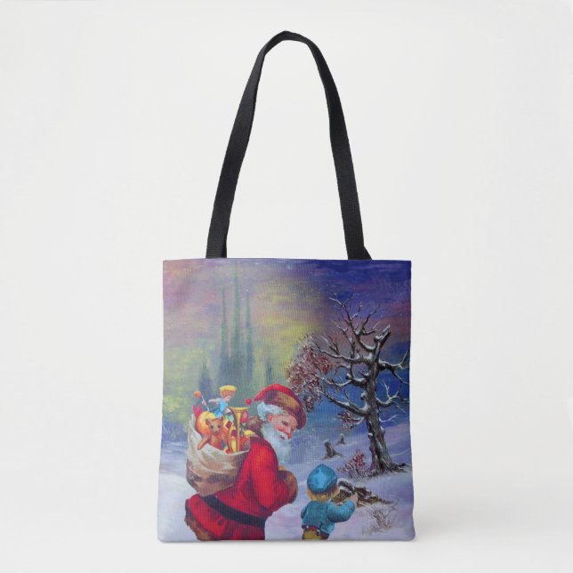 BOLSO DE TELA SANTA CON JUGUETES Y NIÑO EN LA NIEVE DE INVIERNO (Anverso)