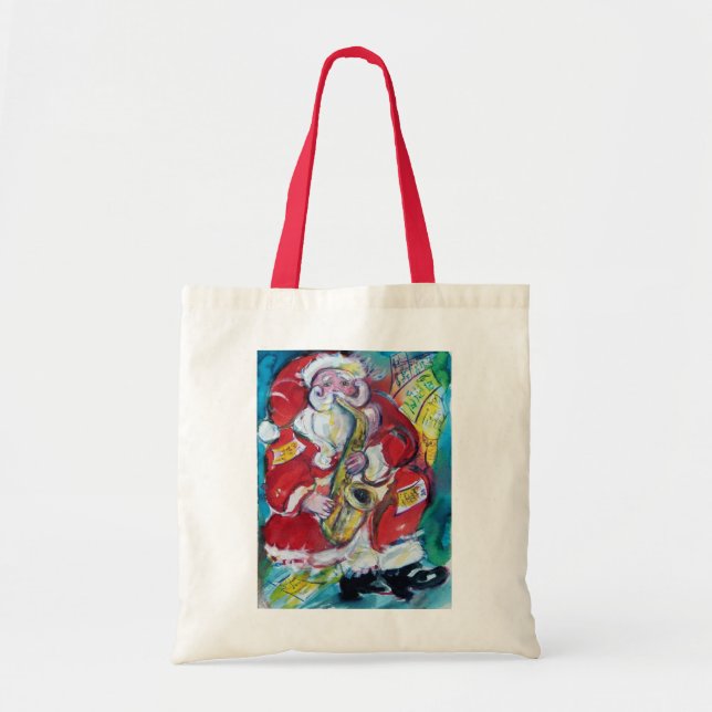 BOLSO DE TELA SANTA JUGANDO SAX, FIESTA NAVIDADES (Frente)