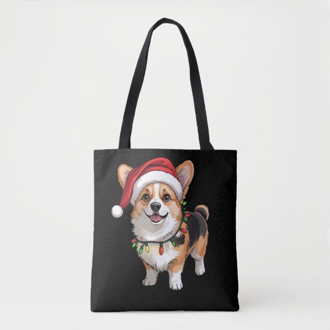 Bolso De Tela Santa Pembroke Welsh Corgi Christmas Tree Lights  (Anverso)