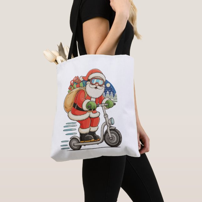 Bolso De Tela Santa Riding Scooter Navidades en familia (Detalle)