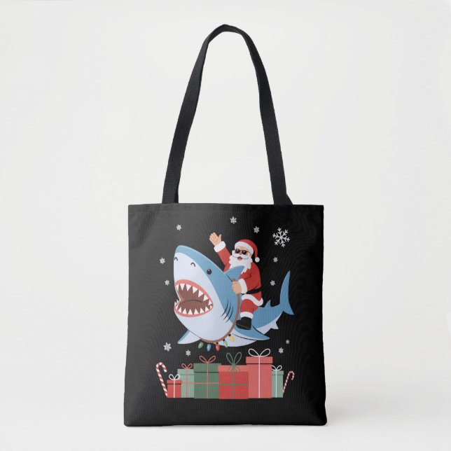 Bolso De Tela Santa Riding Shark Christmas Pajama Cute Ocean  (Anverso)
