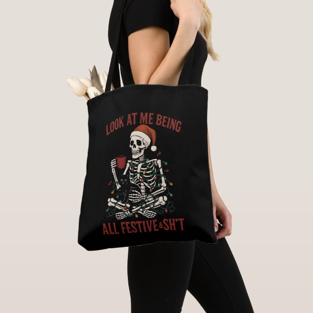 Bolso De Tela Santa Skeleton with Cat Holiday Snark (Detalle)