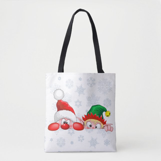 Bolso De Tela Santa y Elf Cute y graciosos personajes Peeking (Anverso)