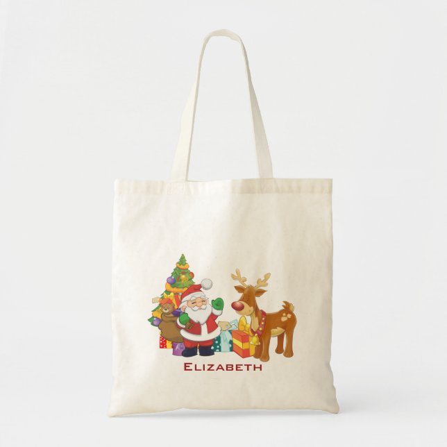 Bolso De Tela Santa y reno por árbol de Navidad con regalo (Frente)