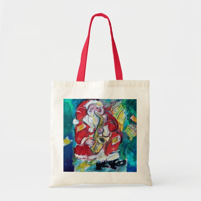 Bolso De Tela SANTA y SAX, NAVIDADES FIESTA Azul (Frente)