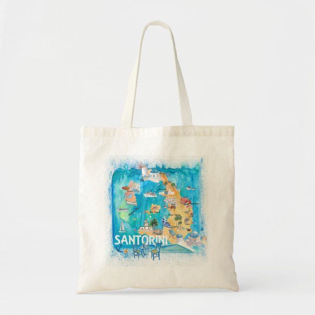 Bolso De Tela Santorini Grecia Mapa ilustrado con las principale (Frente)