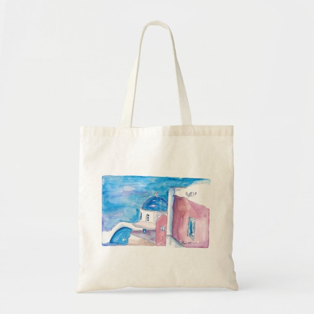 Bolso De Tela Santorini Grecia todo azul (Frente)
