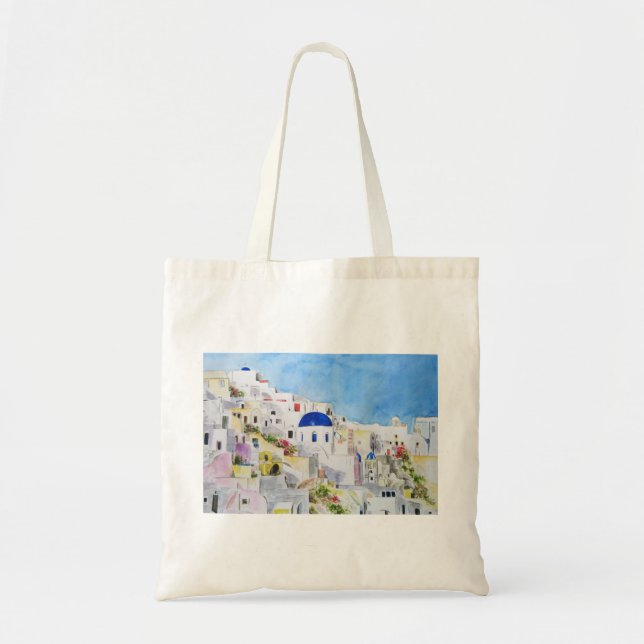 Bolso De Tela Santoroni Grecia Pintura acuática del mar Egeo (Frente)