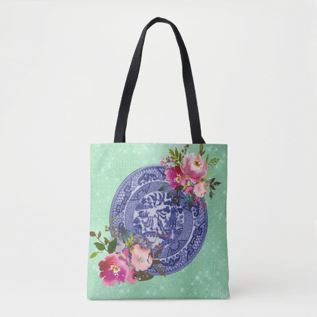 Bolso De Tela Sauce y rosas azules azules y blancos de China (Anverso)