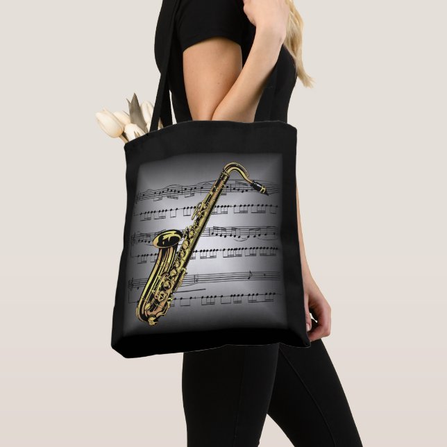Bolso De Tela Saxofón ~ Música de hojas 3D ~ Gris/Negro almohada (Detalle)