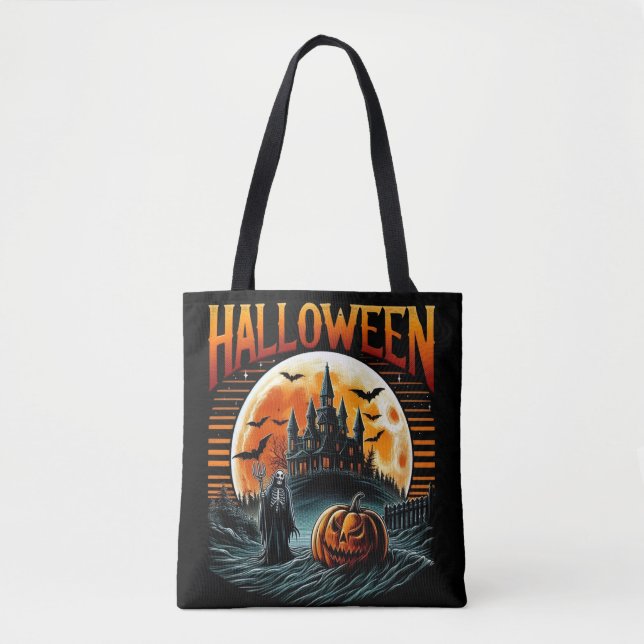 Bolso De Tela Scary Moonlit Haunted Castle Grim Reaper Halloween (Anverso)