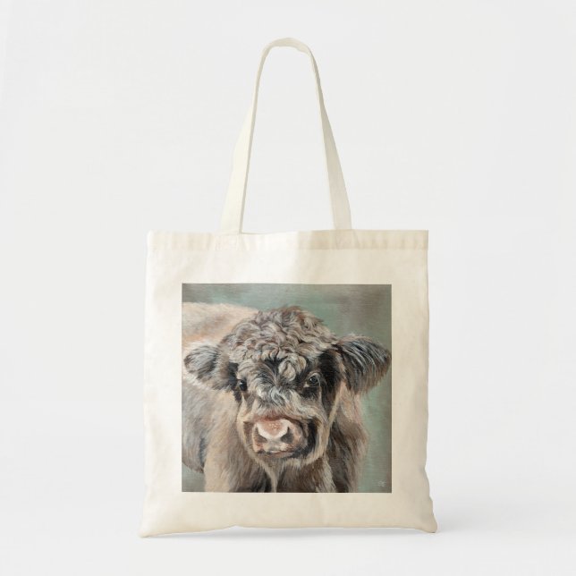 Bolso De Tela Scottish Highland Cow on Green (Frente)