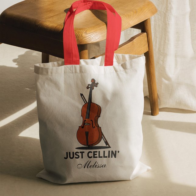 Bolso De Tela Script de nombre personalizado del músico Cello (Just Cellin Music Orchestra Cello Tote Bag)