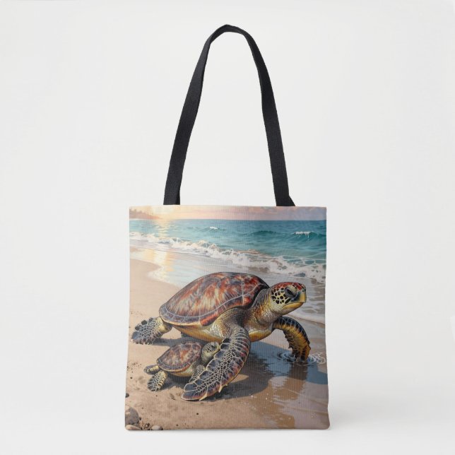 Bolso De Tela Sea Turtle and Baby Illustration  (Anverso)