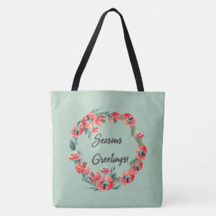 Bolso De Tela Seasons Greetings Red Floral Watercolor Wreath